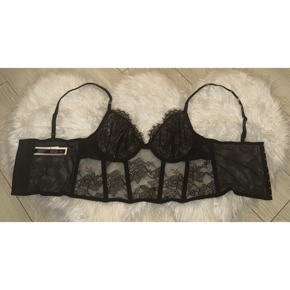 Victorias Secret Lace Longline Bra Corset Underwire Womens M Medium Black New - Picture 6 of 7